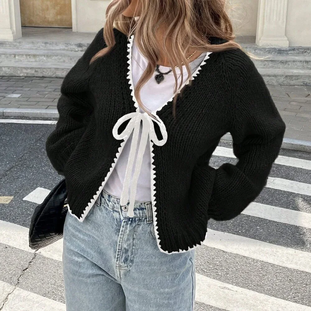 Black Casual Women's Color Block Drawstring Knitted Sweater Cardigan